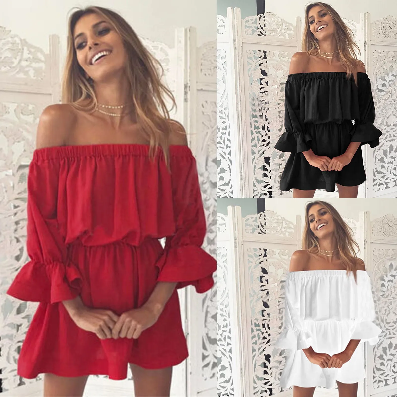 Women's Summer Dress Holiday Style Off Shoulder Elegent Mini Dress Summer Beach Sundress Frill Ruffle Sundress Vestidos
Women's Summer Dress Holiday Style Off Shoulder Elegent Mini Dress Summer Beach Sundress Frill Ruffle Sundress Vestidos