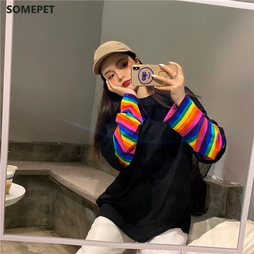 Rainbow Striped Fake Two Pieces T Shirt Women Casual Loose Harajuku Tops Female Korean Fashion New Streetwear
Rainbow Striped Fake Two Pieces T Shirt Women Casual Loose Harajuku Tops Female Korean Fashion New Streetwear