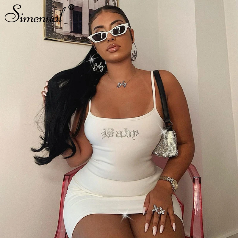 

Simenual Rhinestone Birthday Outfit For Women Baddie Dress Sexy Summer 2021 Strap Bodycon Midnight Party Mini Dresses Letter Hot