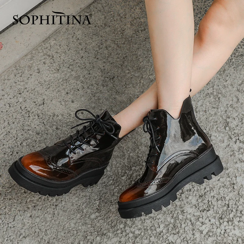 SOPHITINA Platform Shoes Women Gradient Color Patent Leather Cross-Tied Boots Round Toe Mid Heel Casual Women Ankle Boots MO795
SOPHITINA Platform Shoes Women Gradient Color Patent Leather Cross-Tied Boots Round Toe Mid Heel Casual Women Ankle Boots MO795