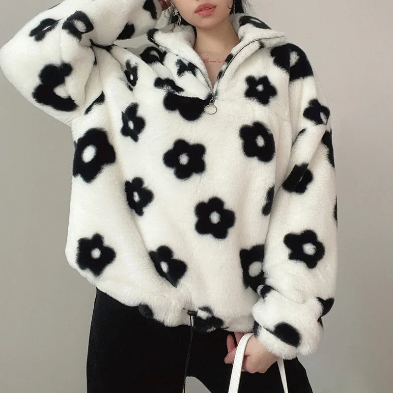 Женский плюшевый свитер на молнии, Свободный пуловер с отложным воротником и цветочным принтом, свободная уличная одежда в Корейском стиле,... 
Женский плюшевый свитер на молнии, Свободный пуловер с отложным воротником и цветочным принтом, свободная уличная одежда в Корейском стиле,...