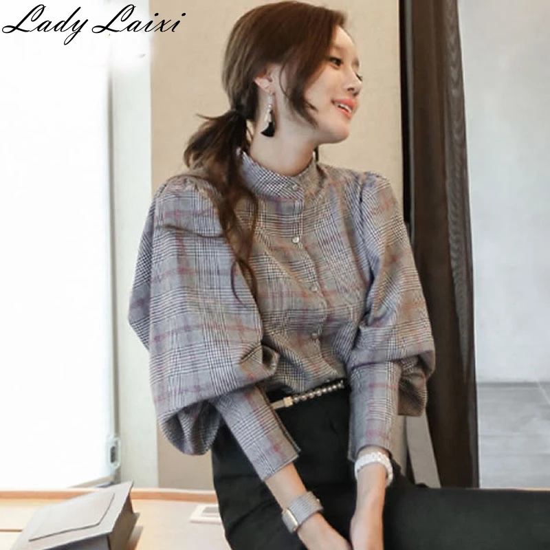 Elegant Womens Plaid Tops and Blouses Women Back Bow Tie Blouses Stand Collar Lantern sleeve office OL Grid Blouse
Elegant Womens Plaid Tops and Blouses Women Back Bow Tie Blouses Stand Collar Lantern sleeve office OL Grid Blouse