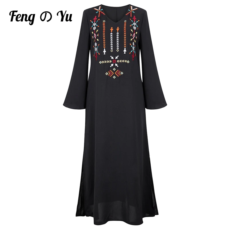 New Autumn Women's Trumpet Sleeve Dress 2021 Black Elegant v-Neck Long Sleeve Bohemian Embroidery Muslim Party Dress
New Autumn Women's Trumpet Sleeve Dress 2021 Black Elegant v-Neck Long Sleeve Bohemian Embroidery Muslim Party Dress