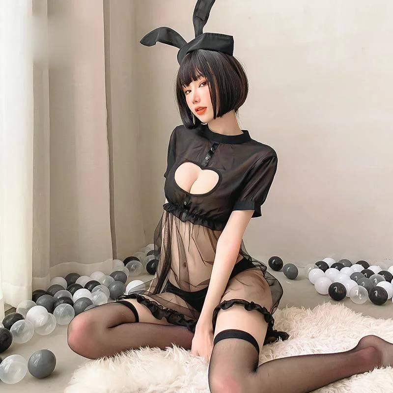 

Sexy Mesh See Though Anime Cosplay Bunny Costume Erotic Lingerie Set Womens Sexy Lingerie Dress with Panty Maid Uniform