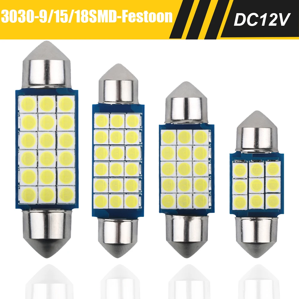 

2x C10W C5W Festoon 31mm 36mm 39mm 41mm LED DC 12V White Bulb Car License Plate Interior Reading Dome Map Lamp 3030 18-SMD