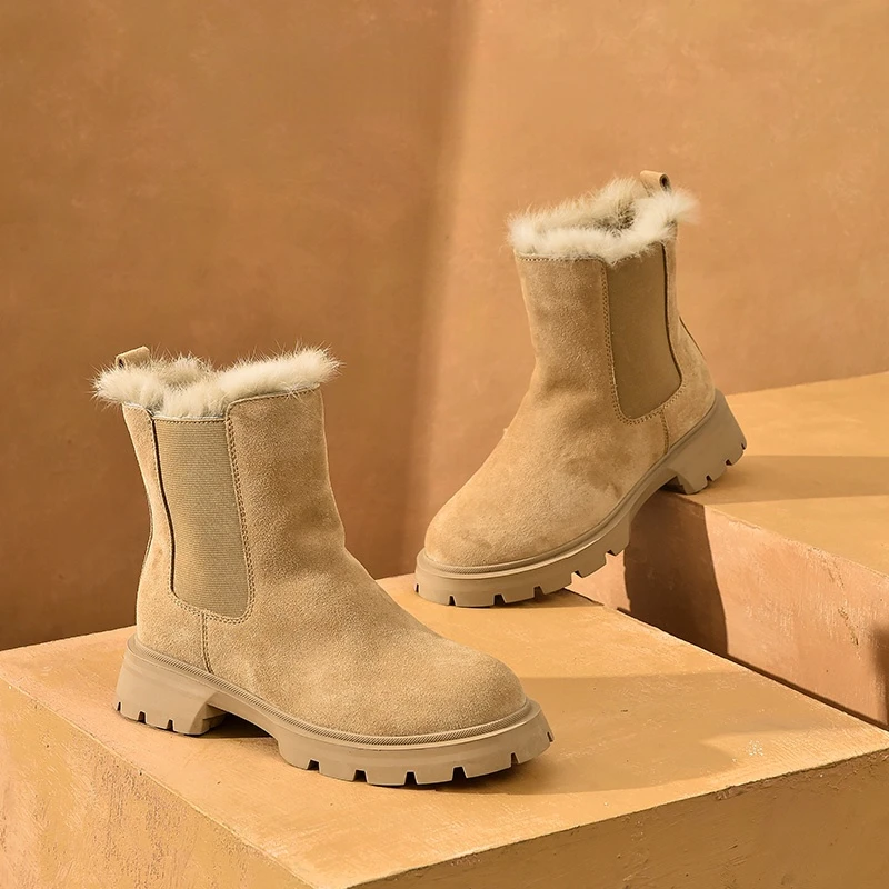 BeauToday Chelsea Boots Women Suede Leather Snow Boots Warm Fur Round Toe Elastic Band Ladies Platform Shoes Handmade 08206
BeauToday Chelsea Boots Women Suede Leather Snow Boots Warm Fur Round Toe Elastic Band Ladies Platform Shoes Handmade 08206