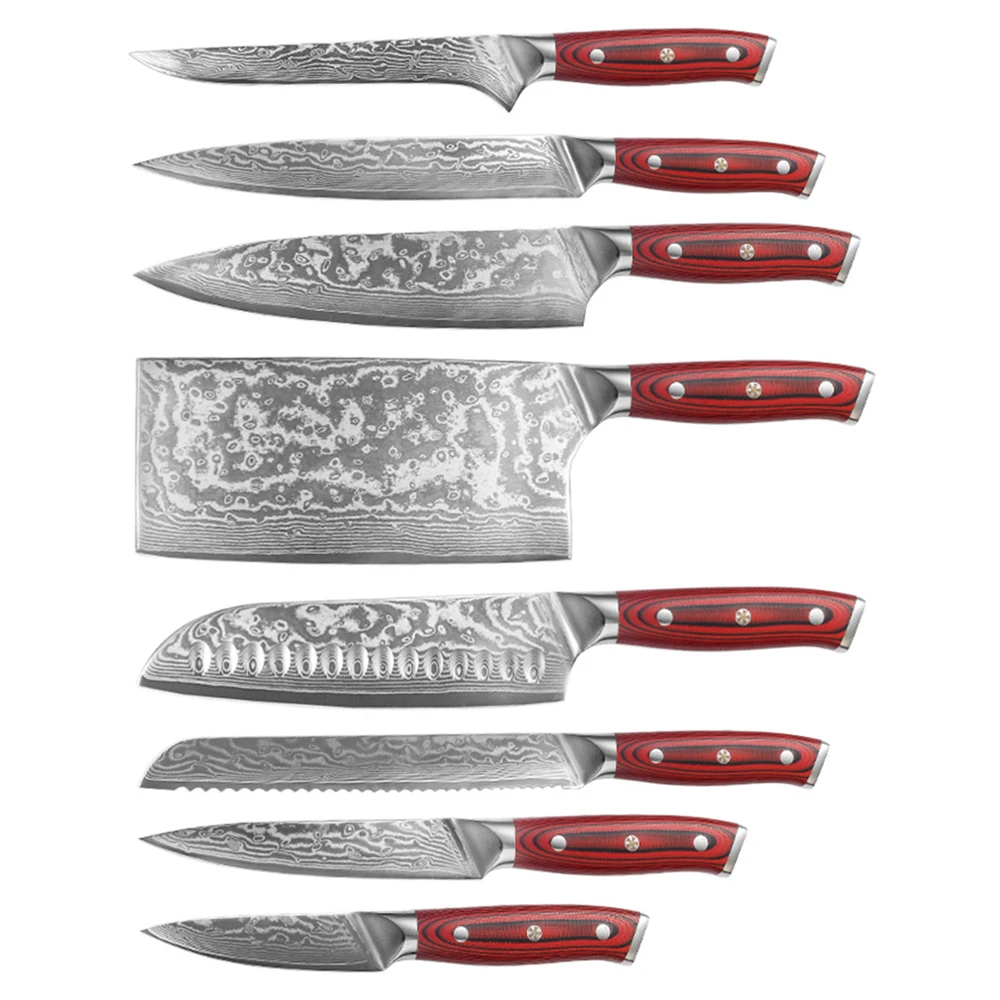 

8 шт., дамасская сталь, Комплект кухонных ножей японский VG10 Core лезвием нож для очистки овощей Santoku острые ножи накири G10 ручка кухонная утварь ...
