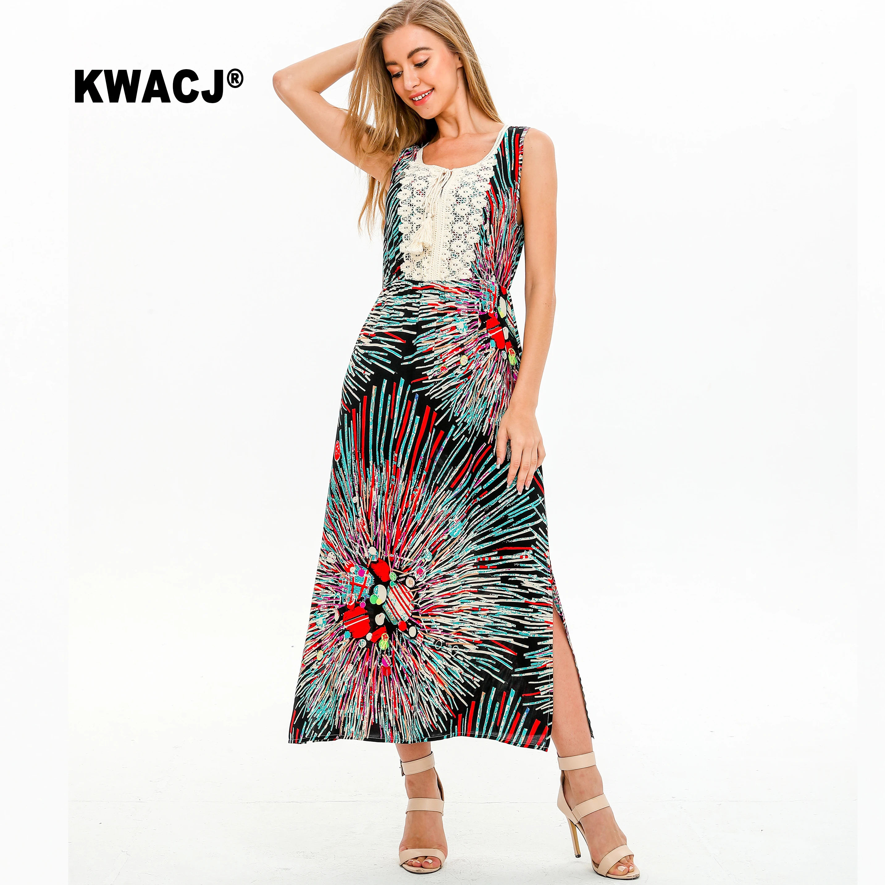 KWACJ многоцветные богемные Длинные платья женские летние 2019 кружевные вечерние с