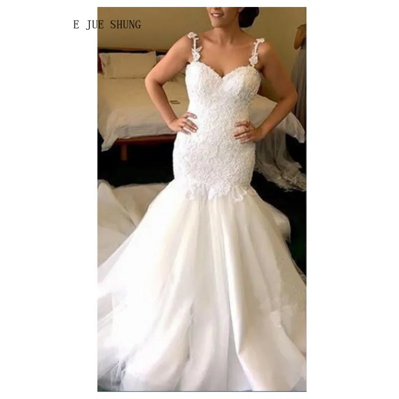 E JUE SHUNG White Backless Mermaid Wedding Dresses Spaghetti Straps Lace Appliques Wedding Gowns Bride Dress vestidos de novia
E JUE SHUNG White Backless Mermaid Wedding Dresses Spaghetti Straps Lace Appliques Wedding Gowns Bride Dress vestidos de novia