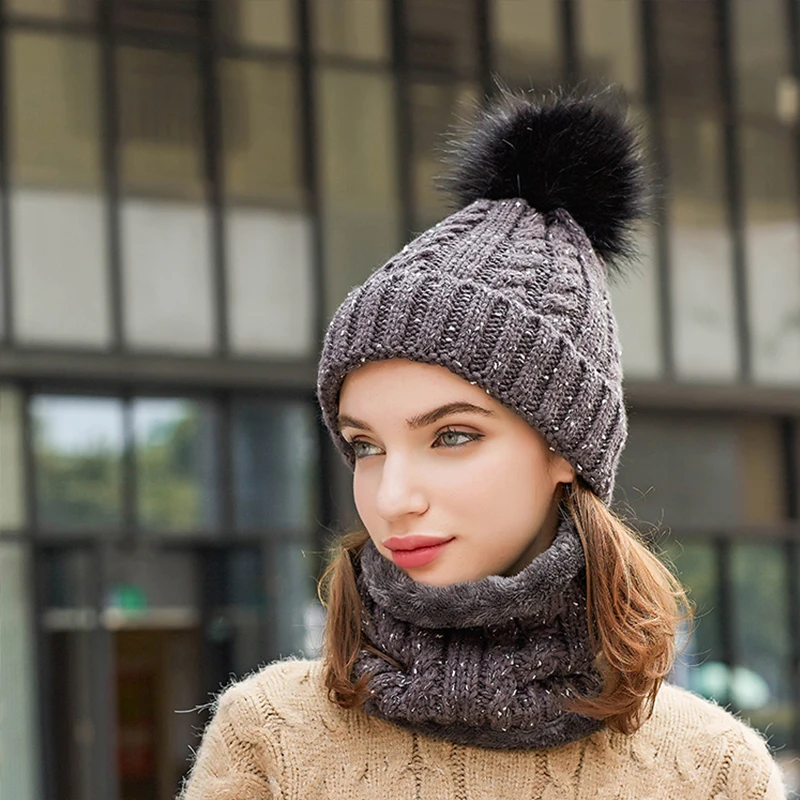 

HOT Female Fur Pom Poms hat Winter Hat Women Knitted Beanies Cap Thick Skullies hat scarf ear protection warm set Accessories