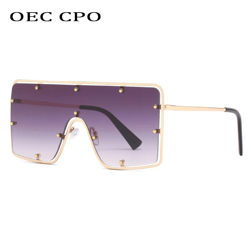 

OEC CPO Oversized Rimless One Piece Sunglasses Women Goggle Vintage Rivets Sun Glasses Men Steampunk Square Eyewear UV400