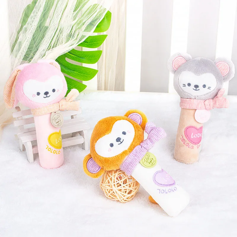 

Baby Hand Grasping Stick Rattle Infant Puzzle Enlightenment Cartoon Animals with BB Device and Sound Paper Appease Plush Toy