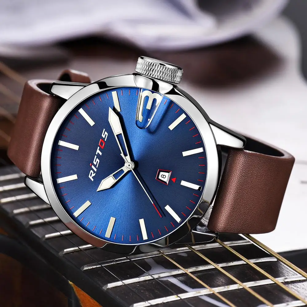 RISTOS мужские спортивные часы повседневные натуральная кожа Reloj Masculino наручные Relojes