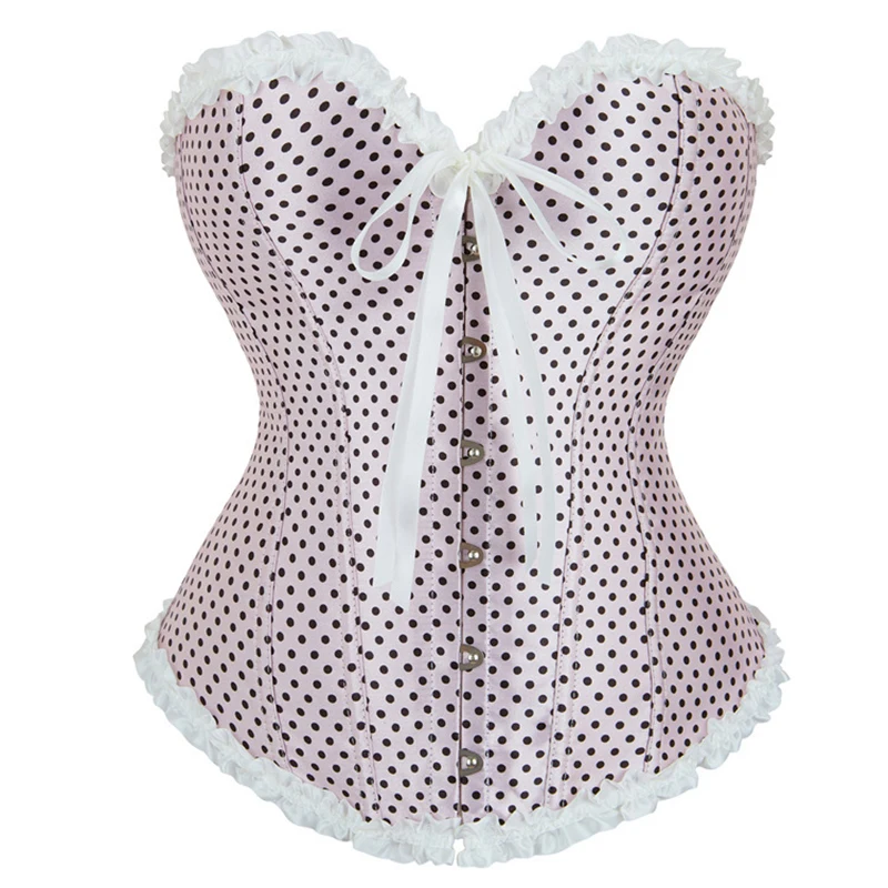 

Pink Satin Polka Dot Burlesque Corset Sexy Front Buckle Overbust Lace Up Boned Corselet Women Slimming Waist Vintage Bustier Top