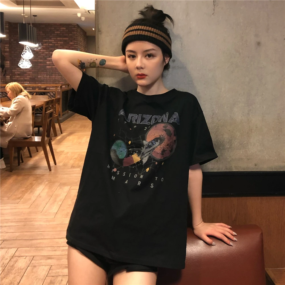 Black Short-Sleeved T-Shirt Women 2020 New Loose Retro Tees Top Girl Casual TShirt