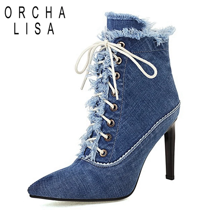 ORCHALISA 2021 New Autumn Design Denim Ankle Boots Pointed Toe Stiletto High Heel Lace Up Zip Fur inside Big Size 33-45 S2477
ORCHALISA 2021 New Autumn Design Denim Ankle Boots Pointed Toe Stiletto High Heel Lace Up Zip Fur inside Big Size 33-45 S2477