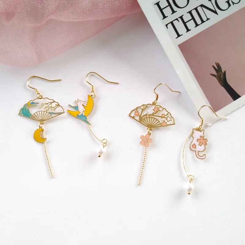 

Kawaii Cartoon Fan-shaped Earrings Retro National Style Graceful Earrings Asymmetric Rabbit Cute Cat Gifts for Women