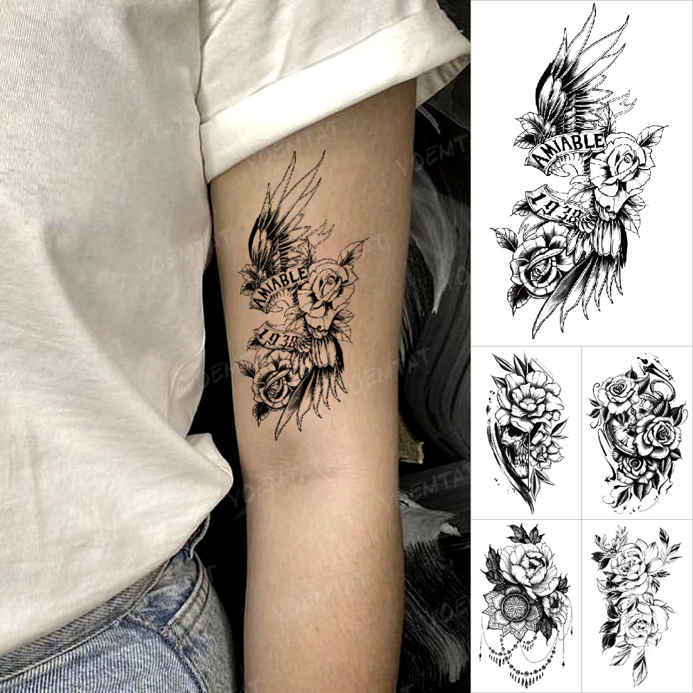 

Waterproof Temporary Tattoo Stickers Flower Rose Peony Sunflower Henna Mandala Wing Feather Flash Tatoo Men Women Body Art Tatto