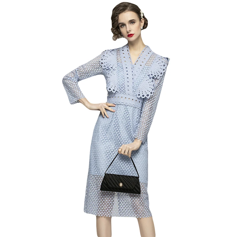 High End Dress Women 2021 Long Sleeve Ruffles V-Neck Midi Elegant Party Hollow Out Lace Dress Vestidos
High End Dress Women 2021 Long Sleeve Ruffles V-Neck Midi Elegant Party Hollow Out Lace Dress Vestidos