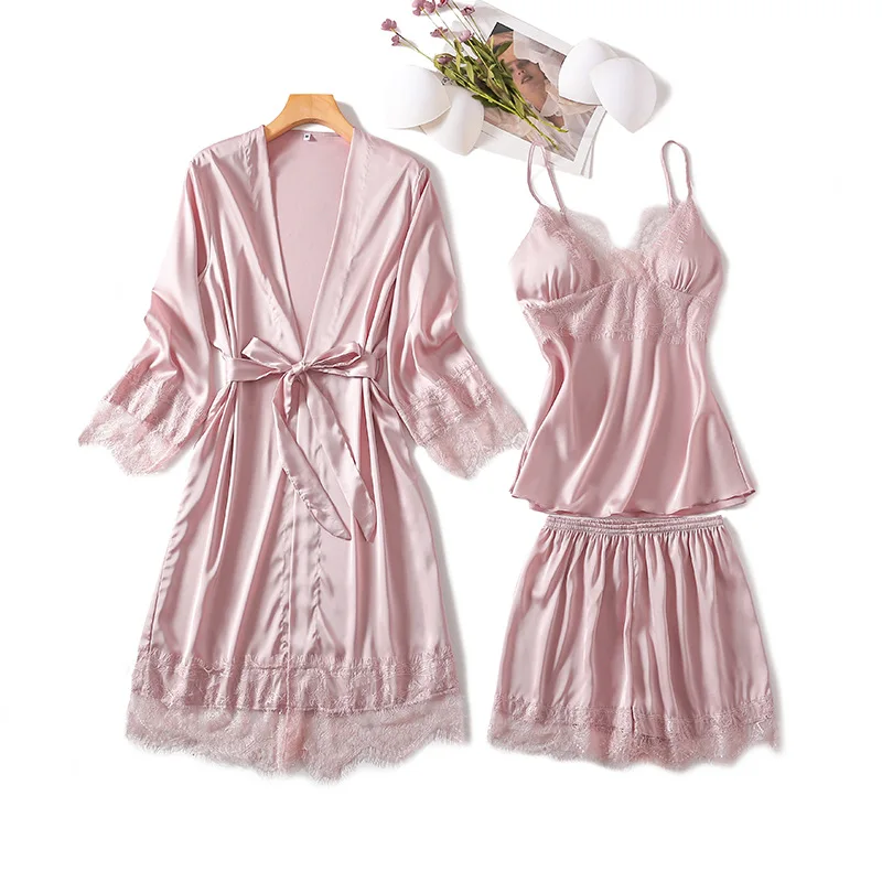 3 Pieces Pajamas Sets Satin Solid Pyjama Set Sexy Pajamas with Chest Pads 2020 Women Lace Sleepwear Home Clothes
3 Pieces Pajamas Sets Satin Solid Pyjama Set Sexy Pajamas with Chest Pads 2020 Women Lace Sleepwear Home Clothes