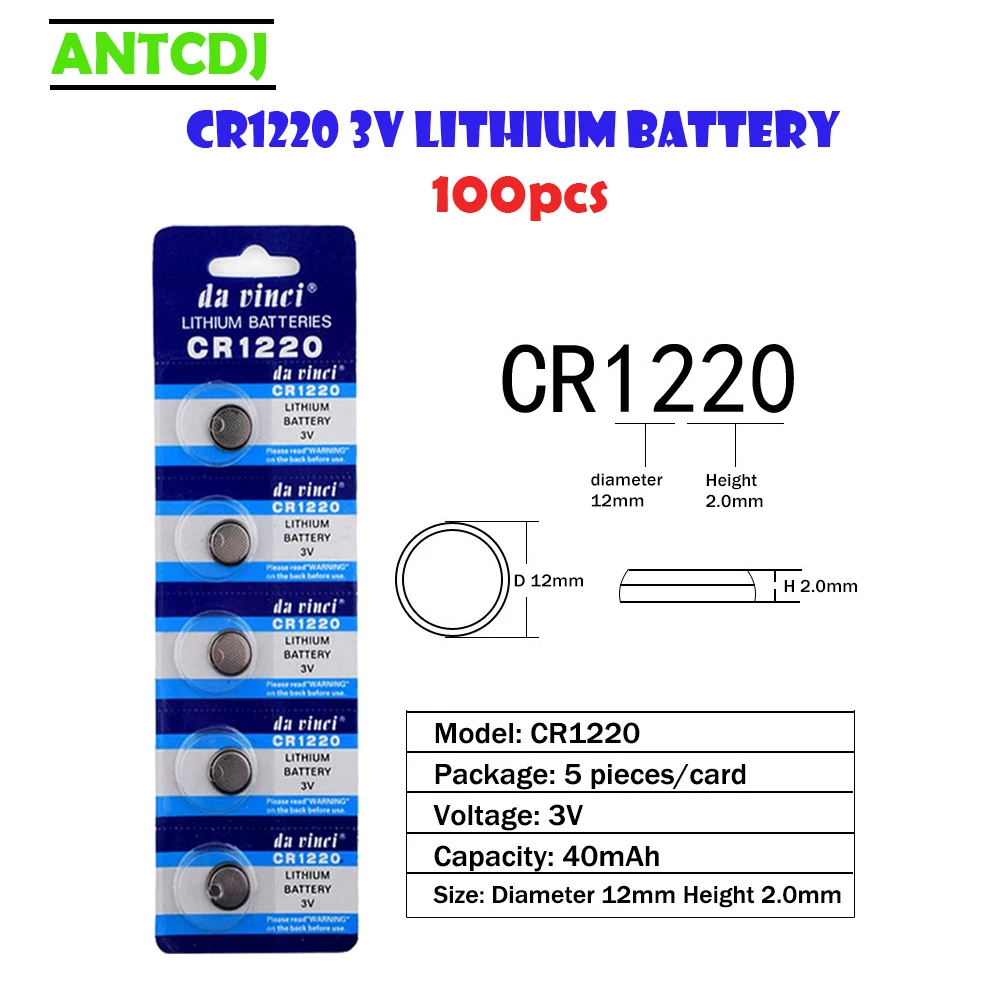 CR1220 100pcs 3V Lithium Button Battery BR1220 LM1220 DL1220 Coin Cell Batteries 40mAh For Watch Electronic Toy Remote Control
CR1220 100pcs 3V Lithium Button Battery BR1220 LM1220 DL1220 Coin Cell Batteries 40mAh For Watch Electronic Toy Remote Control