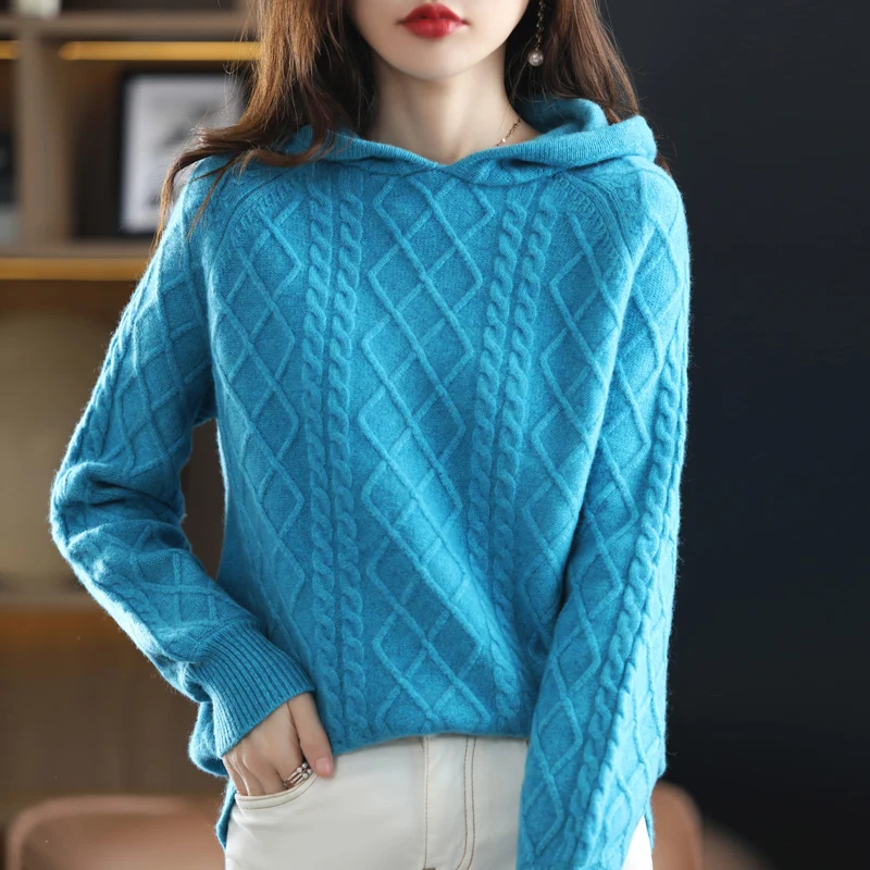 Женский пуловер с капюшоном и воротником-капюшоном, из 100% чистой шерсти, Повседневные вязаные свободные топы, Женская куртка оверсайз на осень и зиму с длинными рукавами 
Женский пуловер с капюшоном и воротником-капюшоном, из 100% чистой шерсти, Повседневные вязаные свободные топы, Женская куртка оверсайз на осень и зиму с длинными рукавами