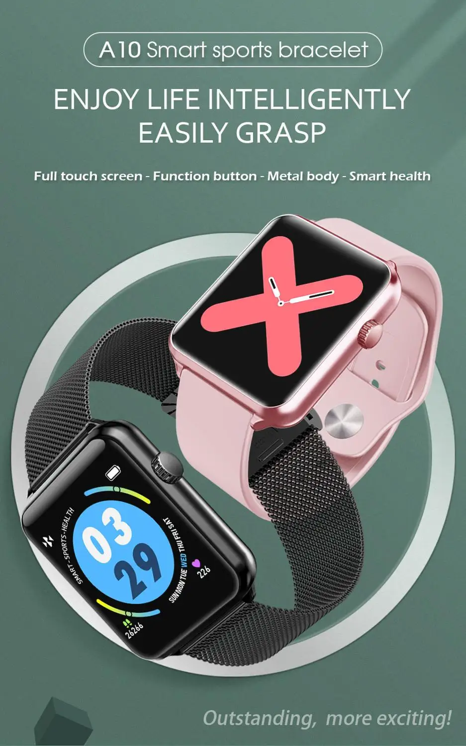 A10 PK P70 B57 Smart Bracelet, IP68 Waterproof Sports Watch with Heart Rate and Blood Pressure Monitoring for Android and IOS
A10 PK P70 B57 Smart Bracelet, IP68 Waterproof Sports Watch with Heart Rate and Blood Pressure Monitoring for Android and IOS