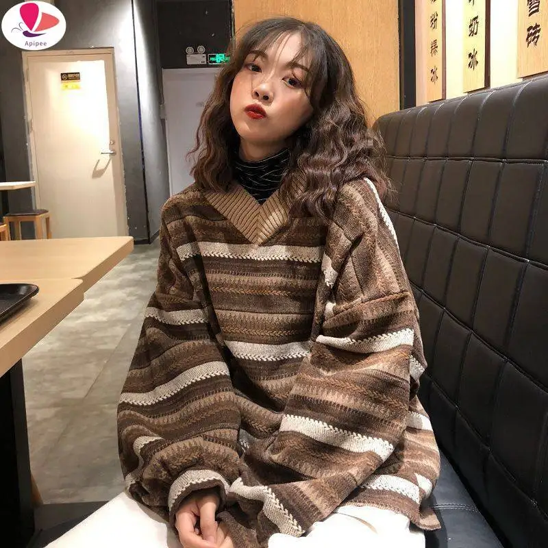 

APIPEE Knitted Sweaters Women Casual V Neck Stripe Pullover Sweater Autumn-winter Retro Jumper Harajuku Oversized Loose Sweater