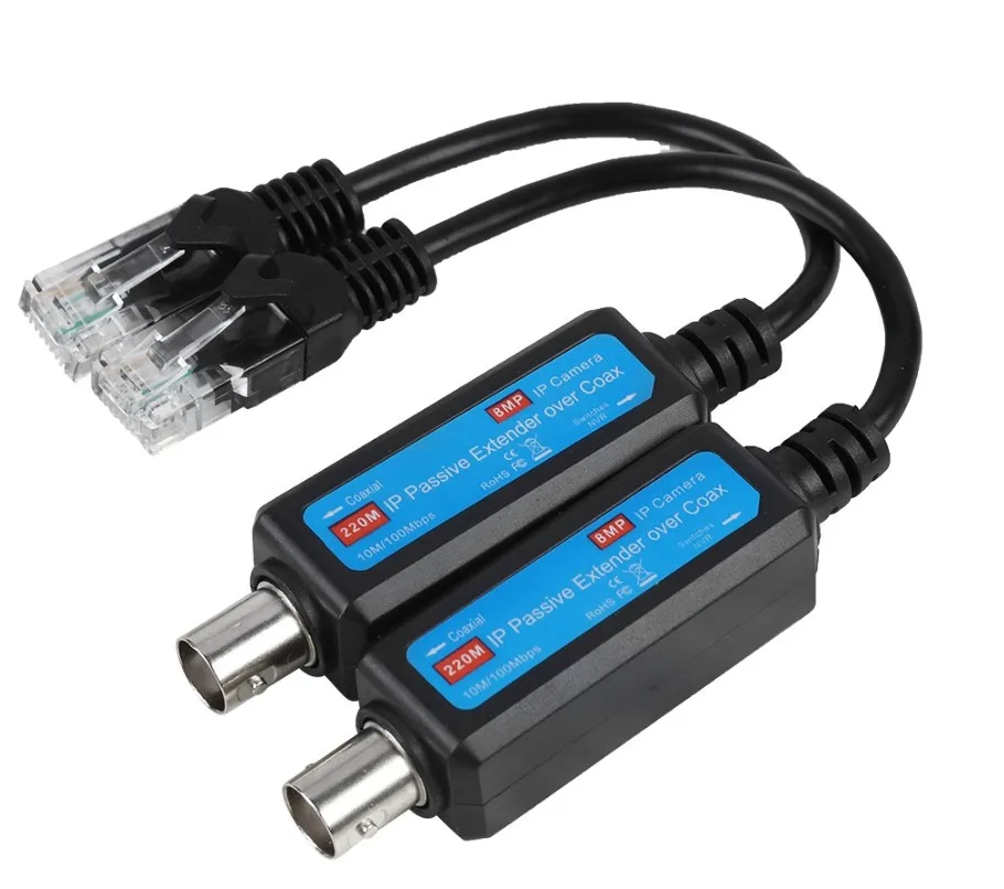 1-канальный пассивный удлинитель IP по коаксиальному сигналу IP-камеры по существующему коаксиальному кабелю со скоростью 100 Мбит/с 
1-канальный пассивный удлинитель IP по коаксиальному сигналу IP-камеры по существующему коаксиальному кабелю со скоростью 100 Мбит/с