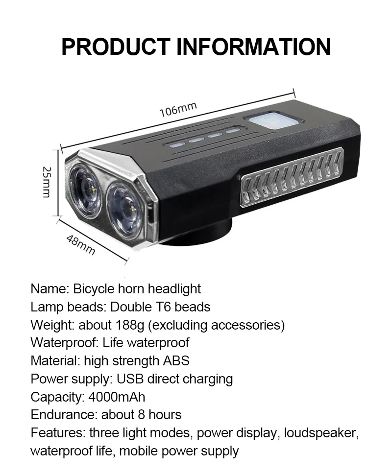 MTB Bicycle Light Bike Front Light Bike Bell Horn 2 In 1400mA USB Charge Headlight Bike Horn Light With 120dB Horn Bell
MTB Bicycle Light Bike Front Light Bike Bell Horn 2 In 1400mA USB Charge Headlight Bike Horn Light With 120dB Horn Bell