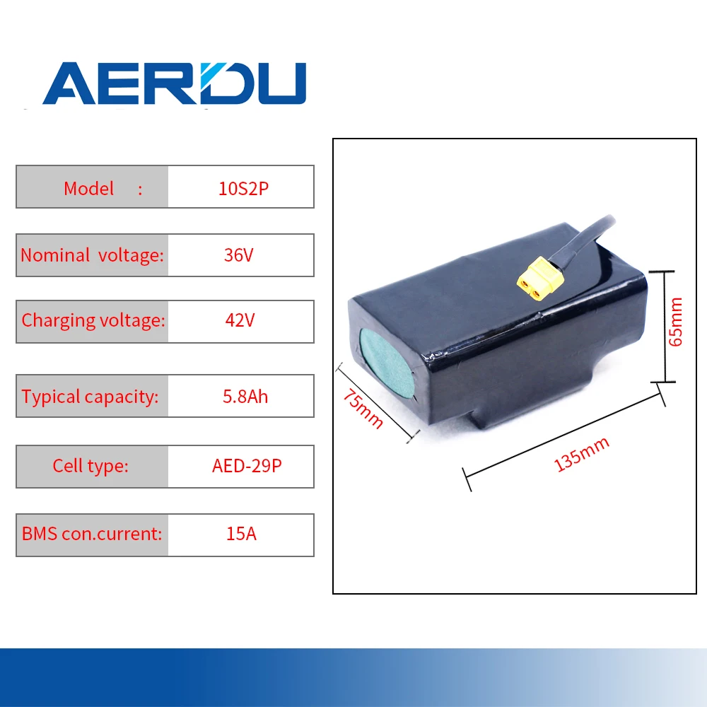 AERDU 36V 10S2P 5.8AH 18650Lithiumion Battery Pack with Bms for Wheelbarrow Balancing Scooter 2900mah High Power 37V XT60+DC5521
AERDU 36V 10S2P 5.8AH 18650Lithiumion Battery Pack with Bms for Wheelbarrow Balancing Scooter 2900mah High Power 37V XT60+DC5521