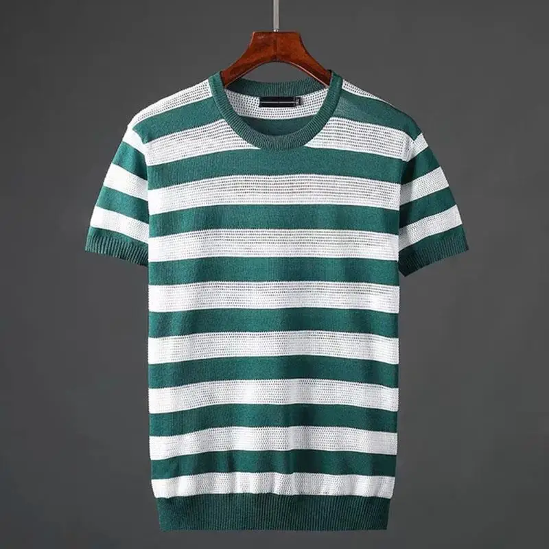 2021 Summer Fashion Short-sleeved T-shirt Men's Ice Silk Stripe Slim Fit Pullover Male Thin Breathable Knitted Sweater Tops B181
2021 Summer Fashion Short-sleeved T-shirt Men's Ice Silk Stripe Slim Fit Pullover Male Thin Breathable Knitted Sweater Tops B181