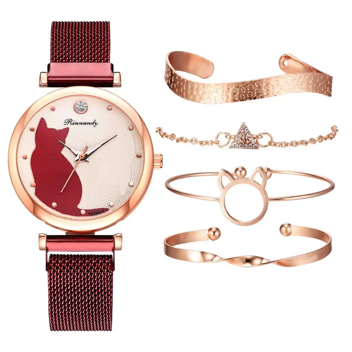 5Pcs/Set Fashion Women Mesh Strap Wristwatch Rhinestone Crystal Bracelet Cute Cat Dial Quartz Watch for Friends With Gift Box
5Pcs/Set Fashion Women Mesh Strap Wristwatch Rhinestone Crystal Bracelet Cute Cat Dial Quartz Watch for Friends With Gift Box
