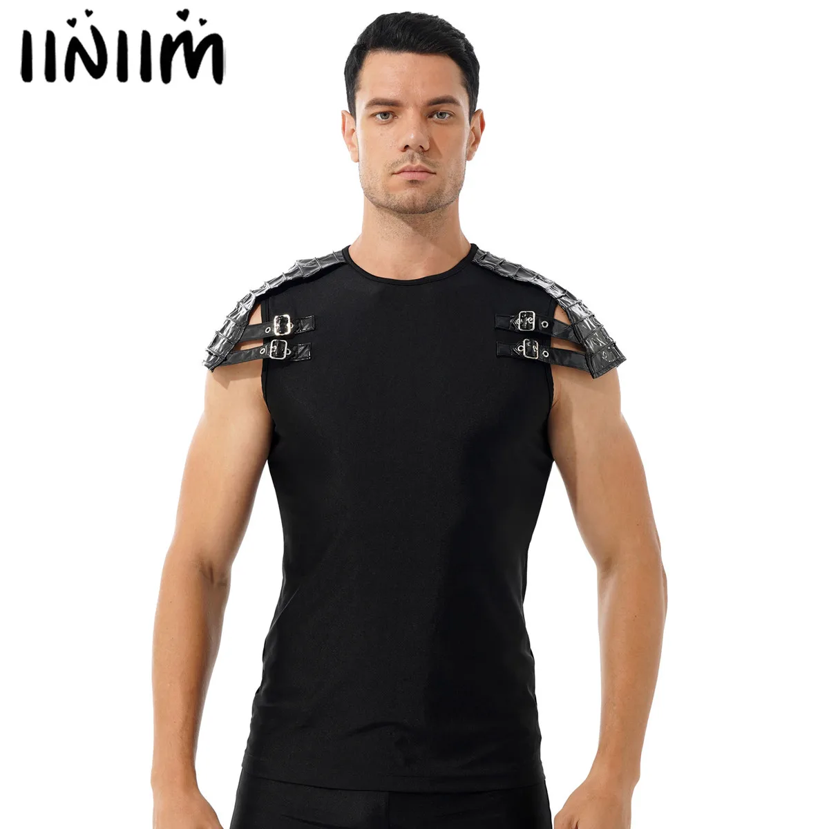 Men Punk Streetwear Exotic Tanks Wetlook Patent Leather Shoulder Armour T-shirt Black Round Neck Tops for Halloween Rock Concert
Men Punk Streetwear Exotic Tanks Wetlook Patent Leather Shoulder Armour T-shirt Black Round Neck Tops for Halloween Rock Concert
