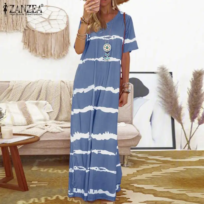 

Summer Bohemian Long Dress Casual Tie Dye Printed V Neck Sundress ZANZEA Women Short Sleeve Striped Holiday Vestidos Party Robe