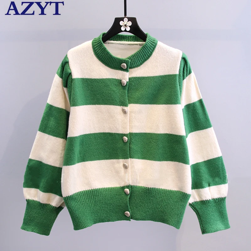 

AZYT Spring Striped Sweater Cardigan Women 2022 Vintage Panelled Knitwear Pull Femme Knit Jacket Chic Buttons Sweater Coat
