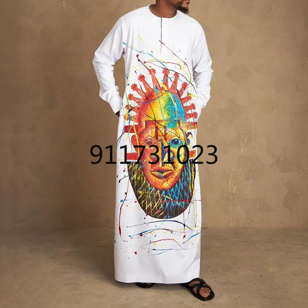 Muslim clothing 2021 summer ethnic style long-sleeved fashion cartoon printed loose men's robe | Тематическая одежда и