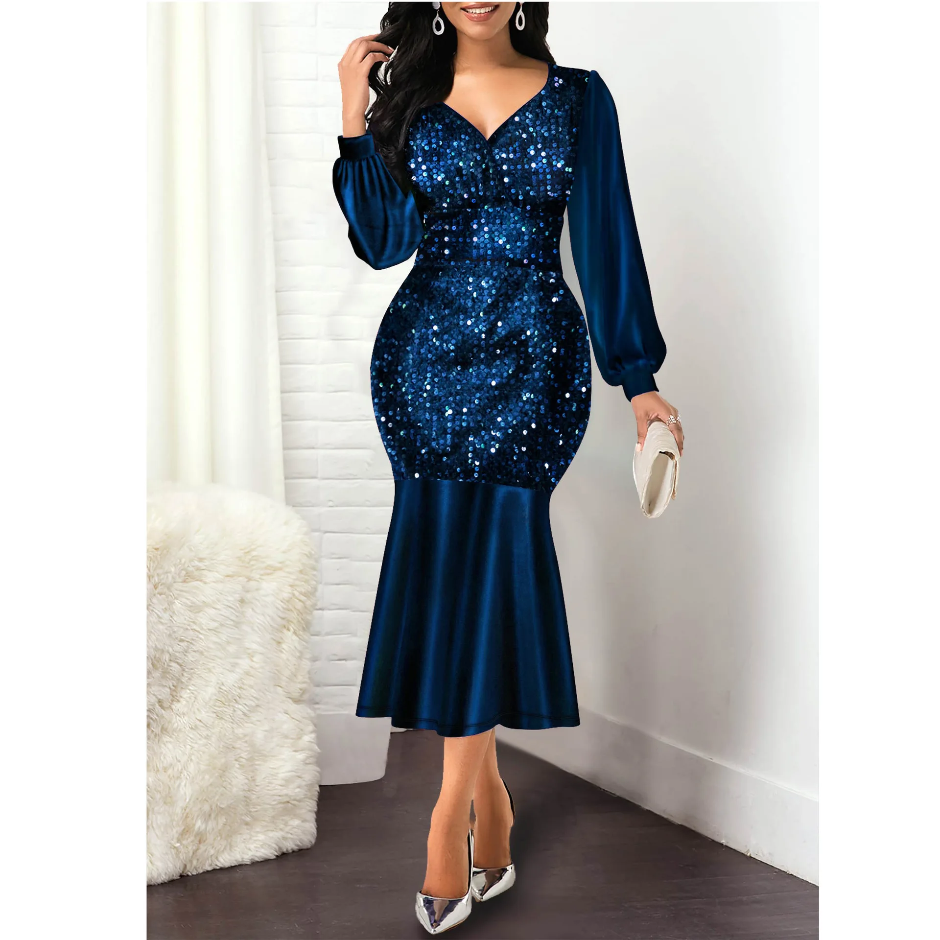 Spring Autumn Women Dresses V-neck Sparkling Slimming Long Sleeve Party Dress High Waist Long Fishtail Mermaid Dress
Spring Autumn Women Dresses V-neck Sparkling Slimming Long Sleeve Party Dress High Waist Long Fishtail Mermaid Dress