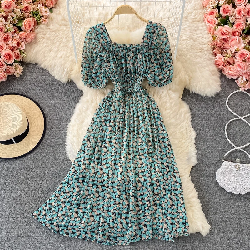 Summer Vintage Square Collar Dresses Women Floral Print Chiffon Dress French Short Sleeve Party Dress Green Mid-calf Vestidos
Summer Vintage Square Collar Dresses Women Floral Print Chiffon Dress French Short Sleeve Party Dress Green Mid-calf Vestidos