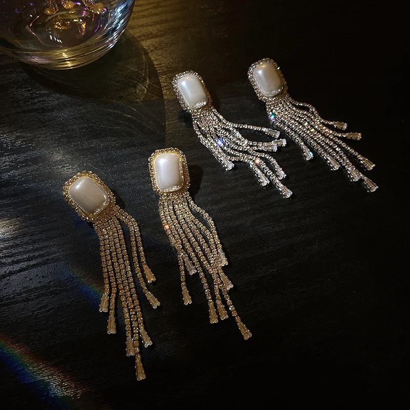 

Minar Stylish Sparkly Rhinestones Long Tassel Earrings for Women Gold Color Chain White Faux Pearl Drop Dangle Earrings Brincos