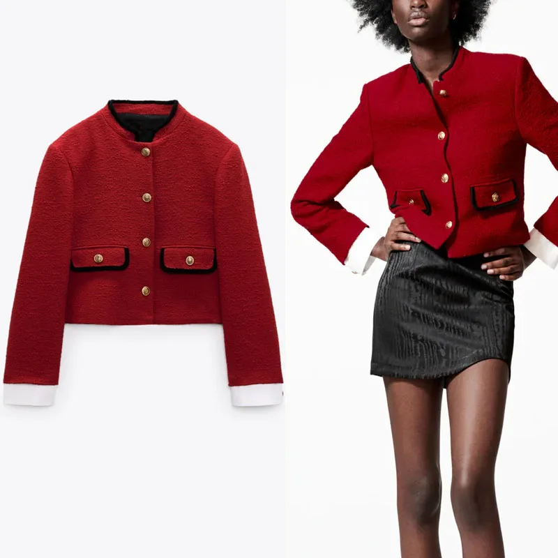 

Za 2021 Textured Weave Cropped Jacket Women Autumn Vintage Long Sleeve Red Jackets Coat Female Button Up Casual Outerwear