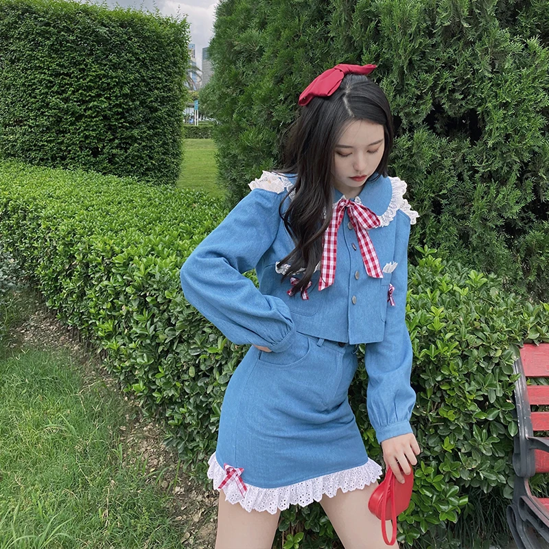 Women Two Piece Set Harajuku Sweet Lolita Japanese Lace Long Sleeve Denim Blouse Shirt + High Waist Skirt Suit Girl 2 Piece Set
Women Two Piece Set Harajuku Sweet Lolita Japanese Lace Long Sleeve Denim Blouse Shirt + High Waist Skirt Suit Girl 2 Piece Set