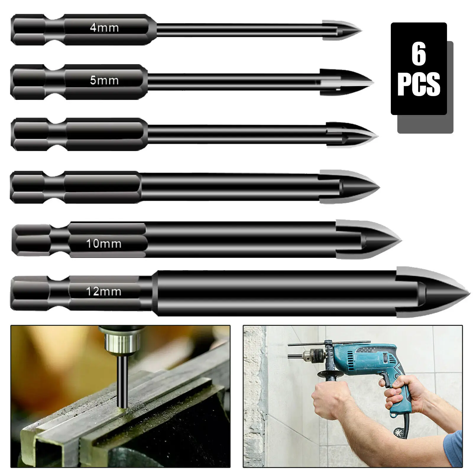 6Pcs 4/5/6/8/10/12mm Multifuctional Triangle Carbide Glass Tile Drill Bits Set Ceramic Wall Plastic Wood Hole Opener
6Pcs 4/5/6/8/10/12mm Multifuctional Triangle Carbide Glass Tile Drill Bits Set Ceramic Wall Plastic Wood Hole Opener