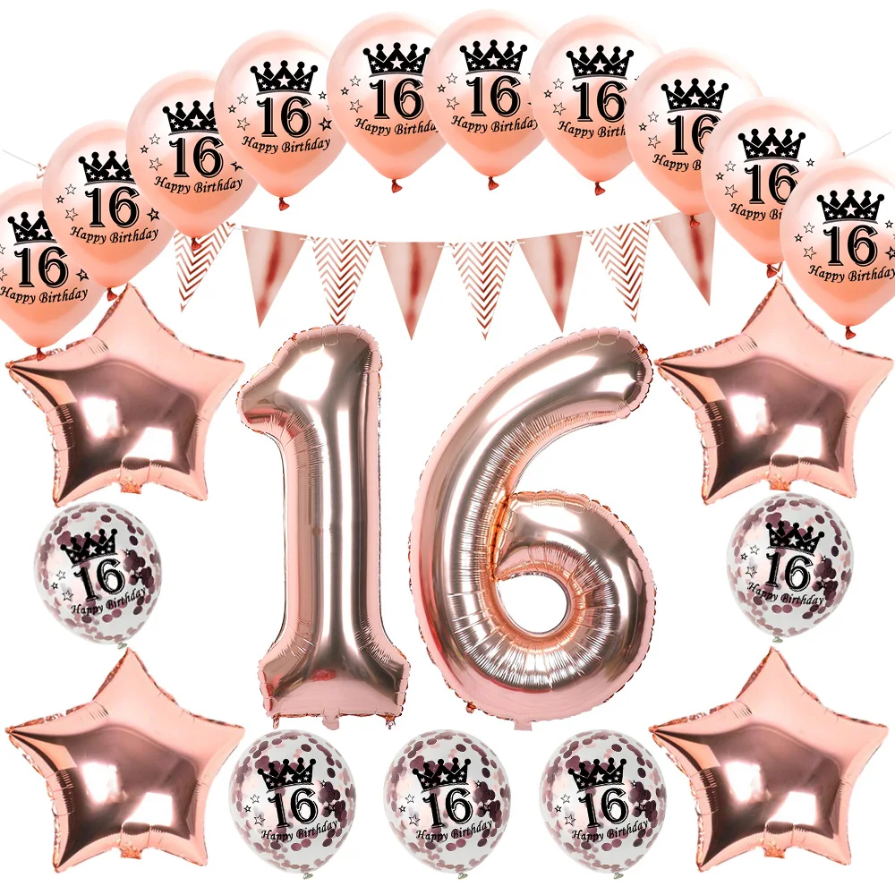 Amawill сладкий 16 украшения для Вечерние Розовые и золотые воздушные шары лет с днем