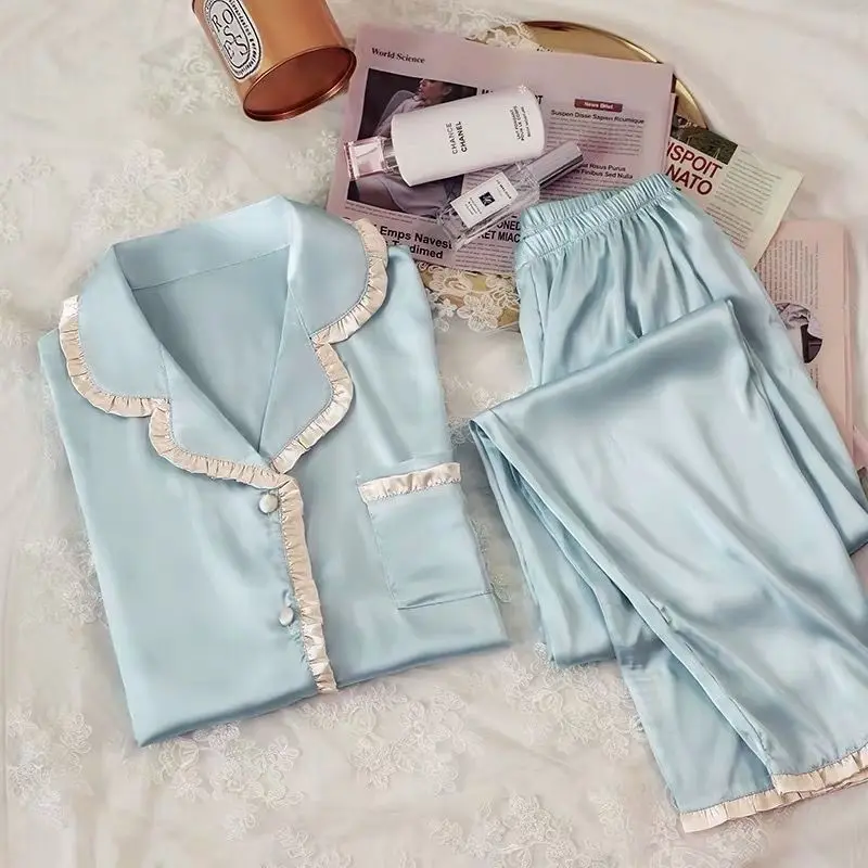 Spring Summer Women 2PCS Pajamas Suit Intimate Lingerie Patchwork Satin Lace Sleep Set With Pocket Casual Nightwear Pyjamas
Spring Summer Women 2PCS Pajamas Suit Intimate Lingerie Patchwork Satin Lace Sleep Set With Pocket Casual Nightwear Pyjamas
