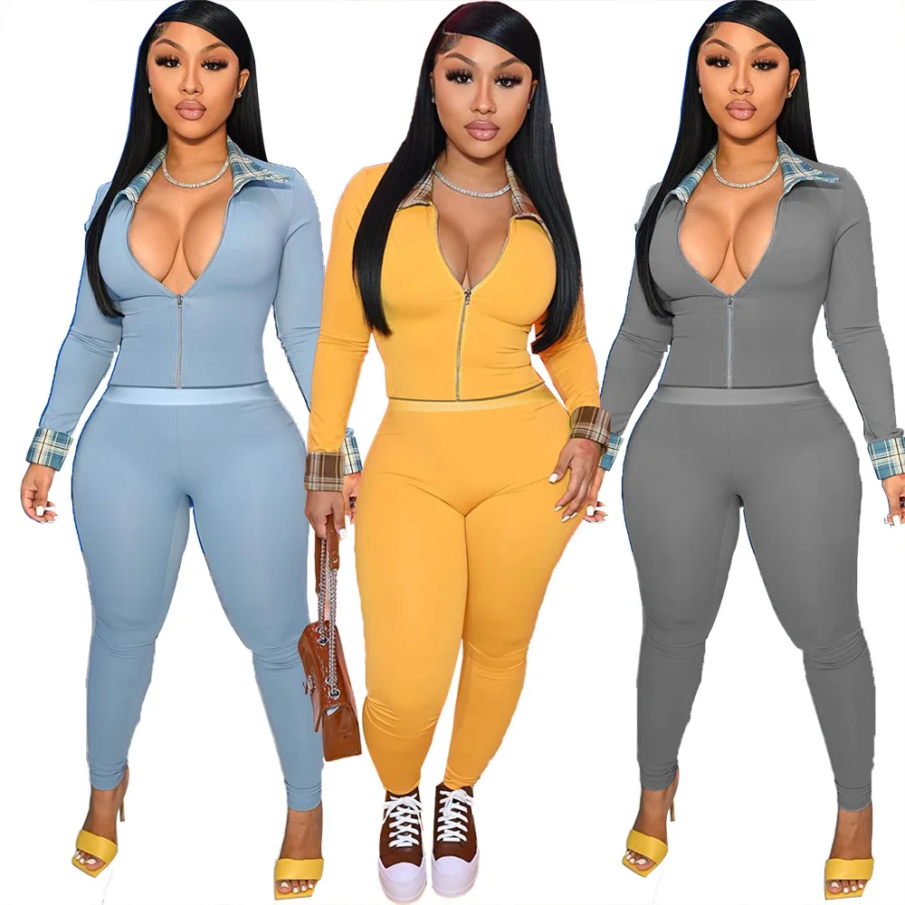 2021 Autumn Fitness Sportswear Tracksuit Plaid Print Lapel Long Sleeve Zipper Coat Tops And Pencil Pants Casual Two-piece Set
2021 Autumn Fitness Sportswear Tracksuit Plaid Print Lapel Long Sleeve Zipper Coat Tops And Pencil Pants Casual Two-piece Set