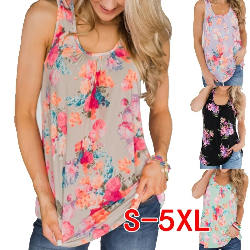 Женская футболка с цветочным принтом и U-образным вырезом модная свободная без