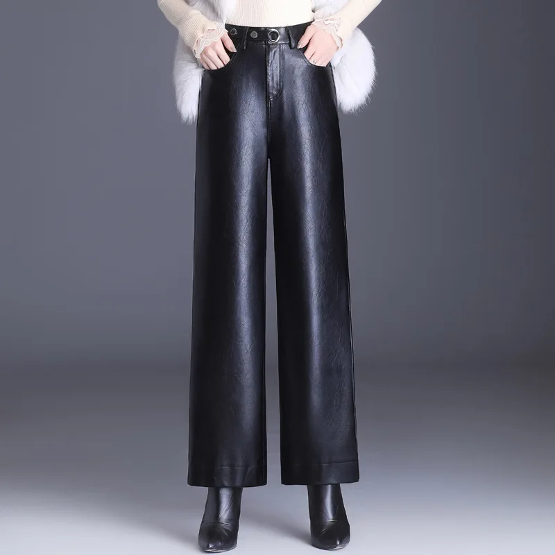 Oversized Women Black Faux Leather Suit Pants High Waist Straight Pants Pockets Office Ladies PU Leather Trousers Plus Size 
Oversized Women Black Faux Leather Suit Pants High Waist Straight Pants Pockets Office Ladies PU Leather Trousers Plus Size