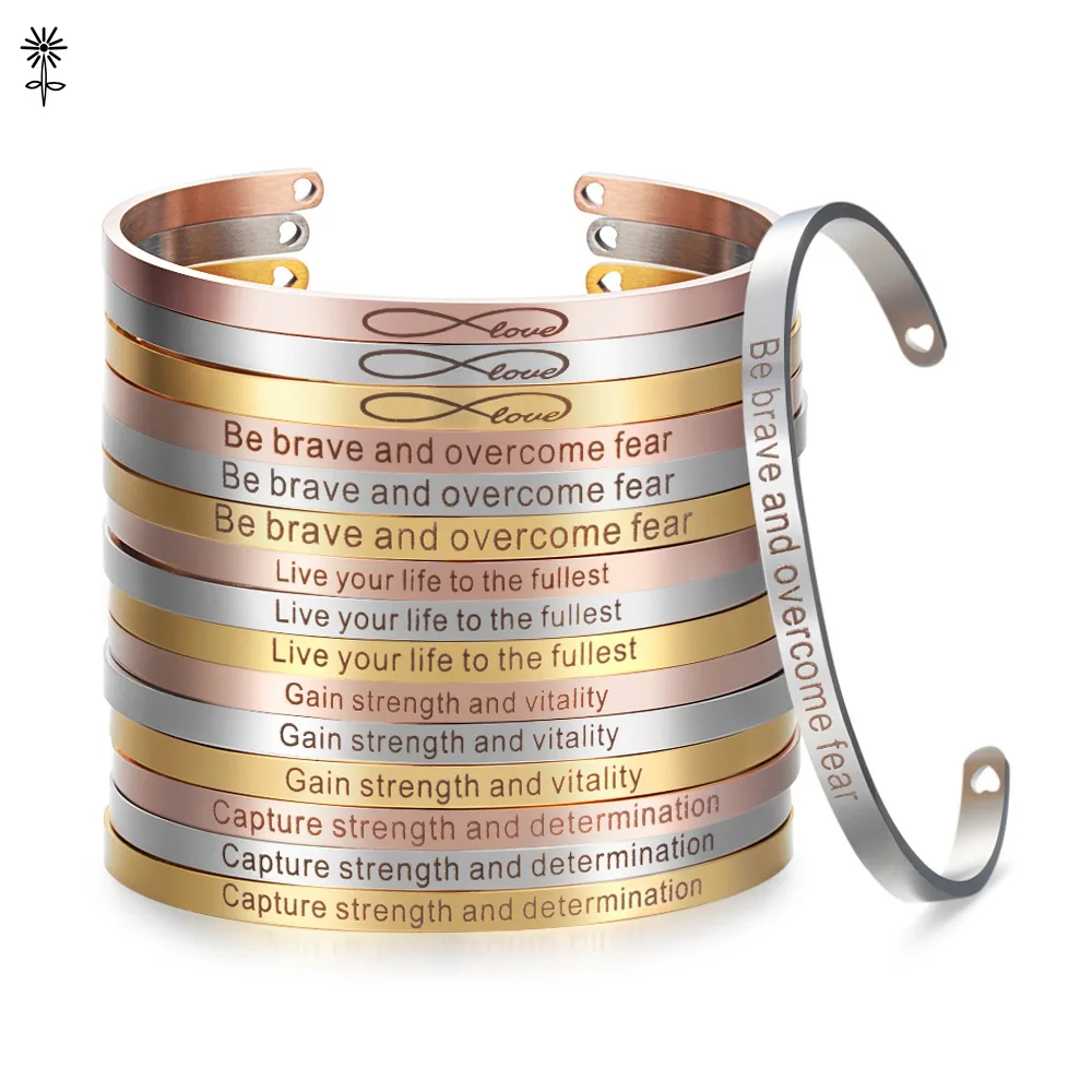 

4mm Gold color Stainless Steel Bangles Positive Inspirational Bracelet Engraved Quotes Mantra Bracelet & Cuff Bangle for Women
