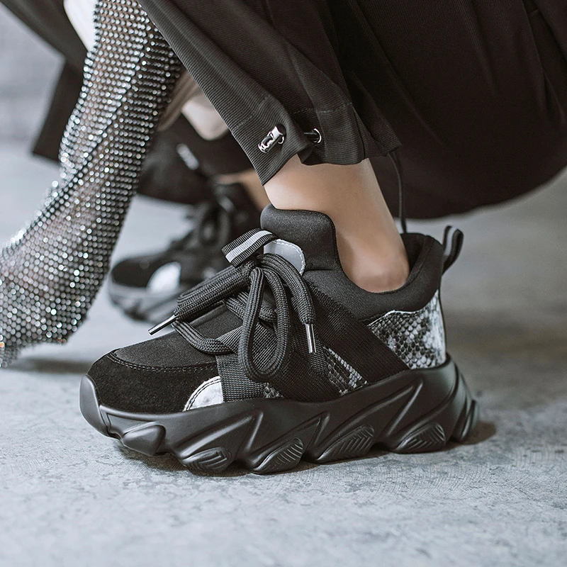 Dark Gothic style young women black sneakers super thick bottom light leather mesh python skin pattern school casual shoes
Dark Gothic style young women black sneakers super thick bottom light leather mesh python skin pattern school casual shoes